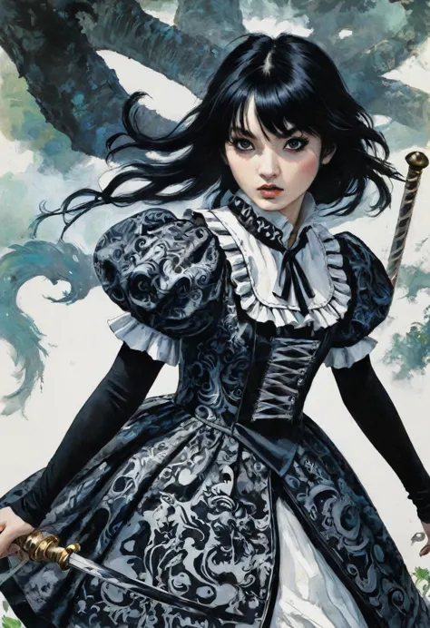 1girl, expressive black eyes, black hair, black patterned clothes dress ready for the battle, in wonderland, ink dyeing style