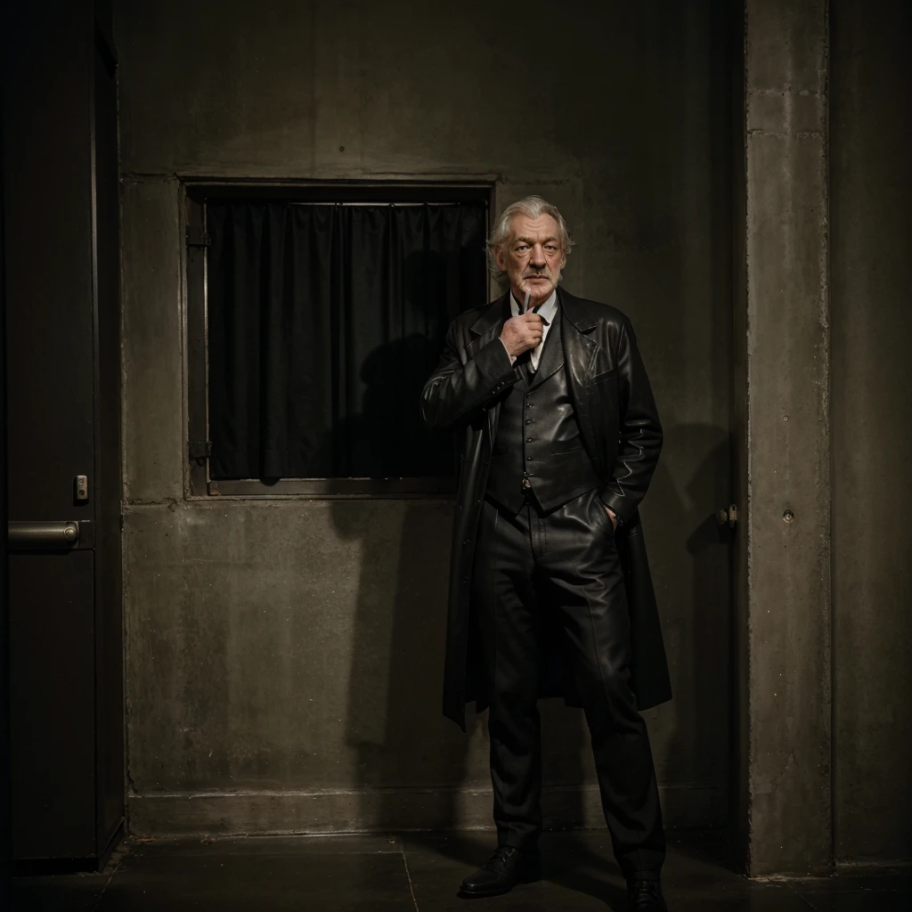 photo professionnelle,Ian McKellen dans le rôle de Donald Sutherland, un prêtre vêtu d&#39;un costume de bureau noir en lambeaux renforcé de cuir tenant une arme à feu, 4K,photo, Style photographique, la photographie