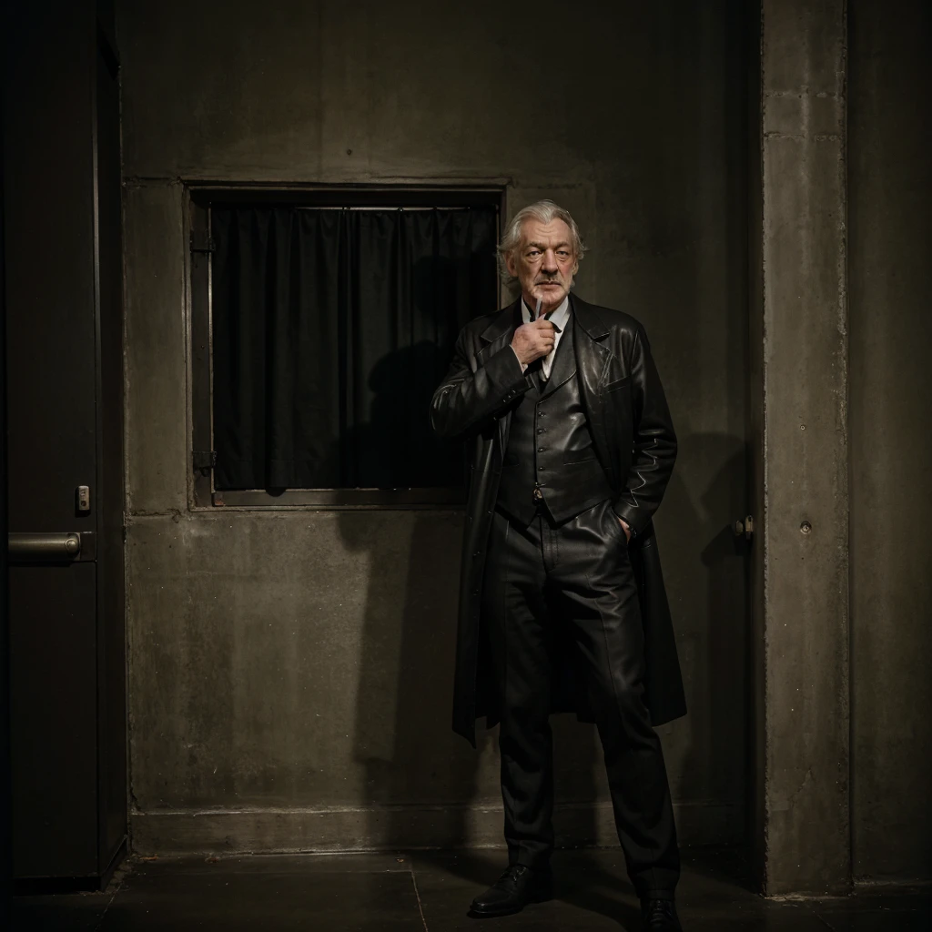 Professional foto,Ian McKellen como Donald Sutherland, um padre vestido com um terno de escritório preto esfarrapado, reforçado com couro, segurando uma arma, 4K,foto, fotographic style, fotography