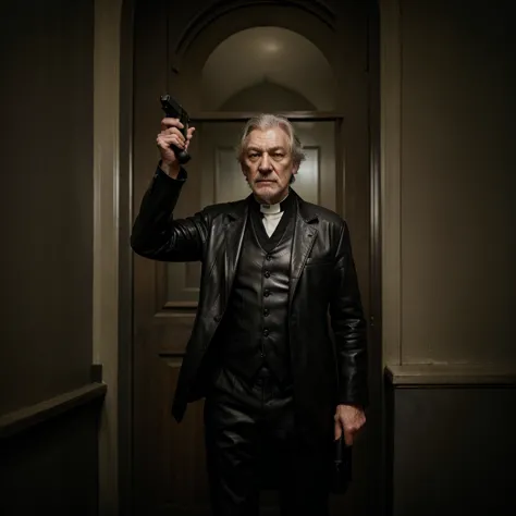Professional photo,iean McKellen as donald sutherland, a Priest dressed in a ragged  black office suit reinforced in leather hol...