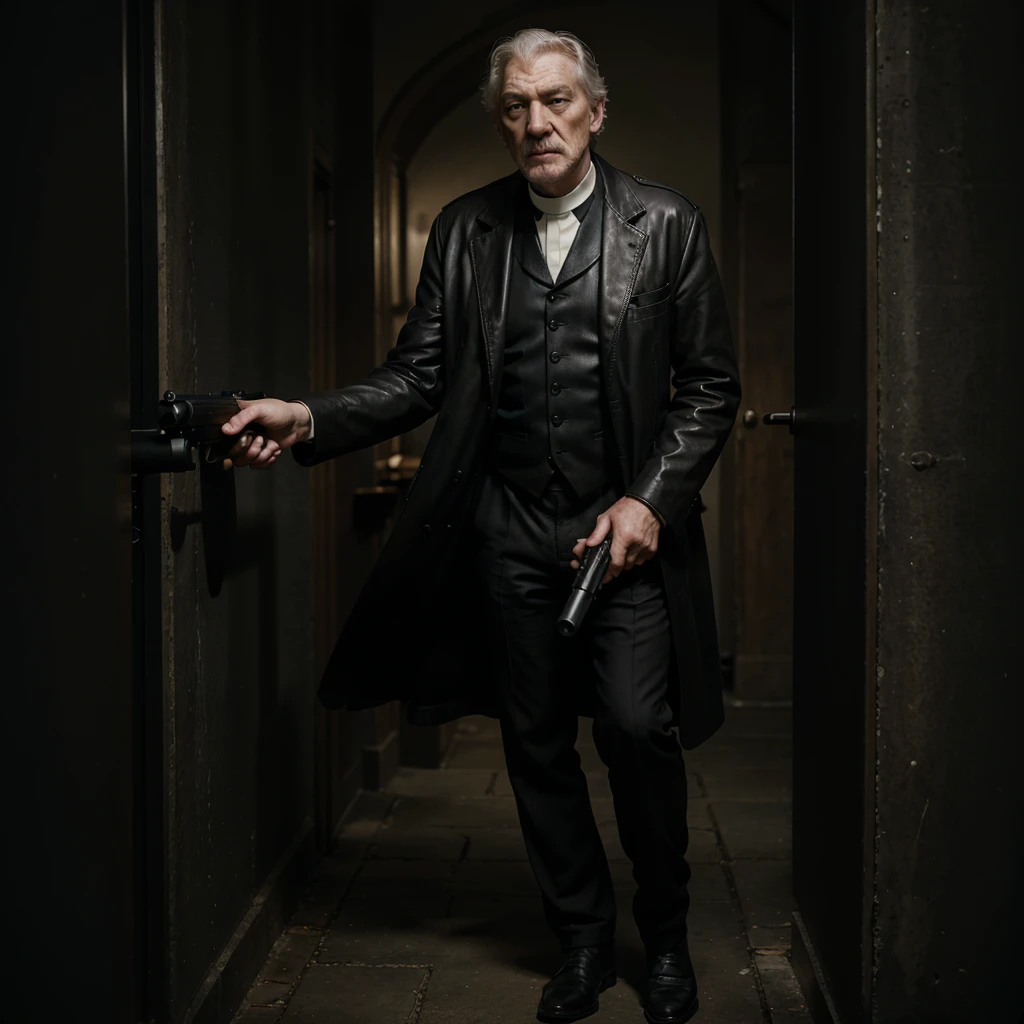 Professional photo,iean McKellen as donald sutherland, a Priest dressed in a ragged  black office suit reinforced in leather holding a gun, 4k,photo, photographic style, photography