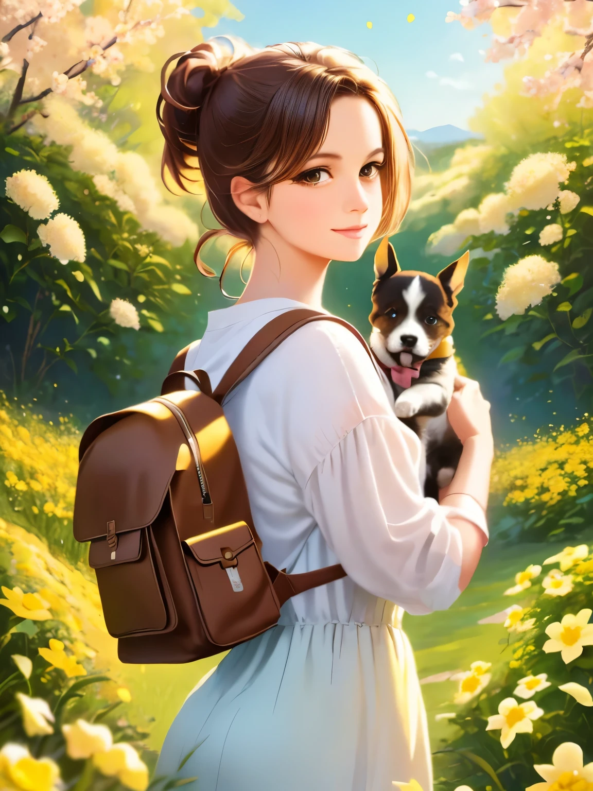 Tip: A very charming  with a backpack and her cute puppy enjoying a lovely spring outing surrounded by beautiful yellow flowers and nature. The illustration is a high-definition illustration in 4k resolution, featuring highly detailed facial features and cartoon-style visuals.  