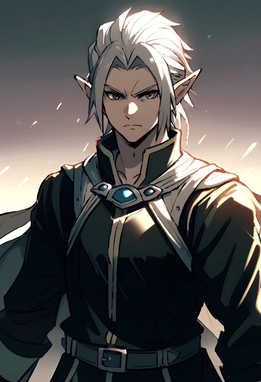 Male character, half-elf, strategist, military clothing, determined look