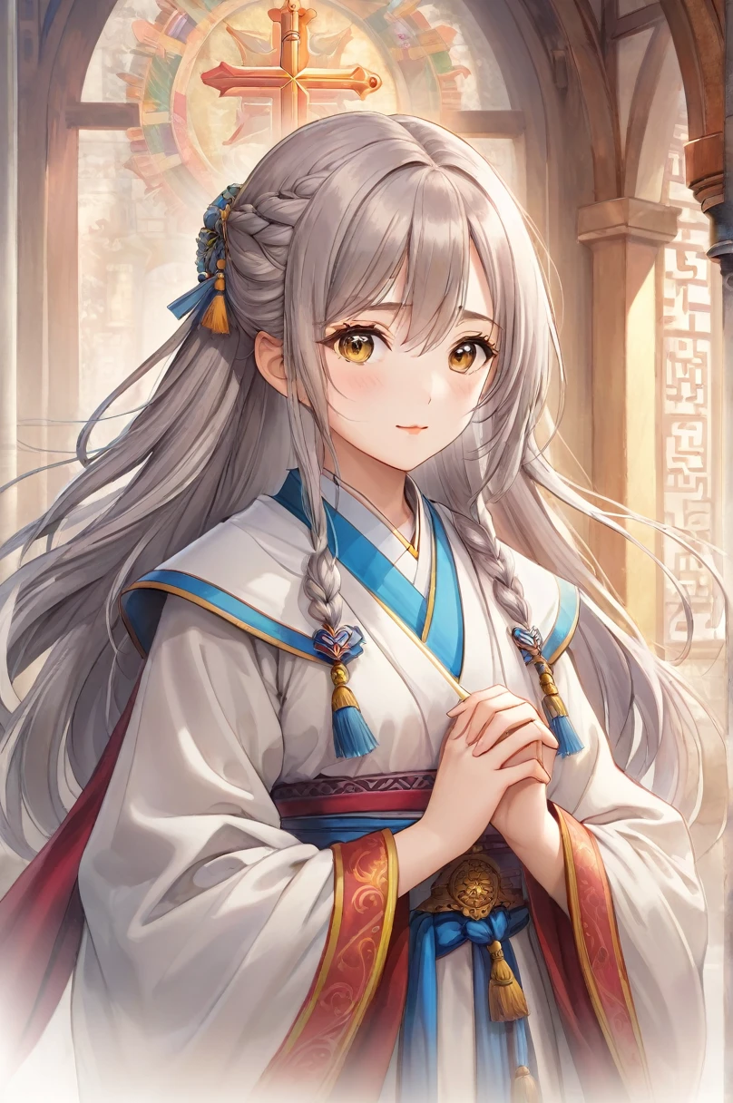 (Very detailed CG Unity 8K 壁紙),(Very detailed),masterpiece,Highest quality, \\, One Girl,A fleeting look,Colored pencil drawing,(Adjust the pen pressure and line thickness、Creates fine shadow intensity。),A style of painting on parchment,In priest&#39;s attire,Description of the whole body,Sacred atmosphere