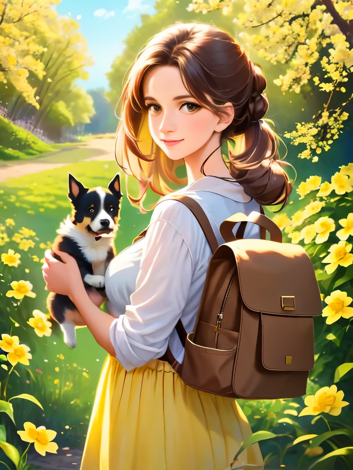 Tipp: Eine sehr charmante Frau mit Rucksack und ihrem süßen Welpen genießt einen schönen Frühlingsausflug umgeben von wunderschönen gelben Blumen und Natur. Die Abbildung ist eine hochauflösende Abbildung in 4k-Auflösung, mit hochdetaillierten Gesichtszügen und Bildern im Cartoon-Stil.  