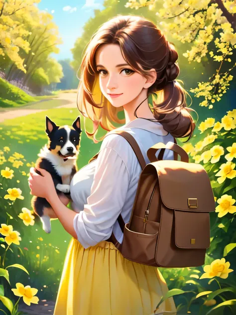 Tip: A very charming  with a backpack and her cute puppy enjoying a lovely spring outing surrounded by beautiful yellow flowers ...