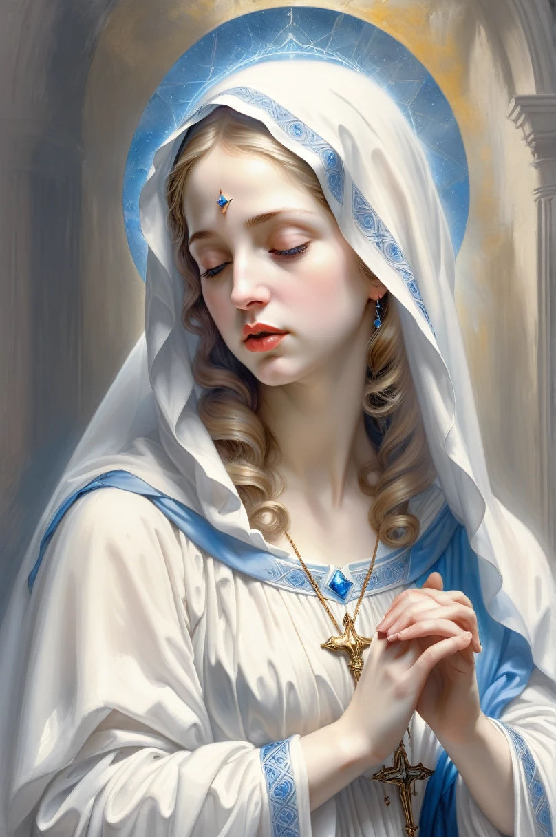 A beautiful ultra-thin Realistic portrait of the Virgin Mary, White outfit with blue details, ((Divinity)), whole body, Biblical, Realistic, Intricate details, Abbott Fuller Graves, Bartholomew Esteban Murillo, JC Leyendecker, Craig Mullins, Peter Paul Rubens, (Caravaggio), Art Station Trends, 8K, Concept Art, Fantasy art, PhotoRealistic, Realistic, figure, oil, Surrealism, HyperRealistic, Brush Brush, Digital Art, style,  watercolor
