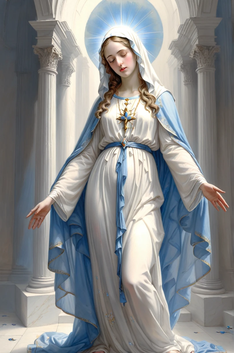 A beautiful ultra-thin Realistisch portrait of the Virgin Mary, weißes Outfit mit blauen Details, ((Gottheit)), ganzer Körper, biblische, Realistisch, komplizierte Details, Abbott Fuller Graves, Bartholomäus Esteban Murillo, JC Leyendecker, Craig Mullins, Peter Paul Rubens, (Caravaggio), Art Station Trends, 8K, Konzeptkunst, Fantasy-Kunst, PhotoRealistisch, Realistisch, Figur, Öl, Surrealismus, HyperRealistisch, Pinsel Pinsel, Digital Art, Stil,  Aquarell