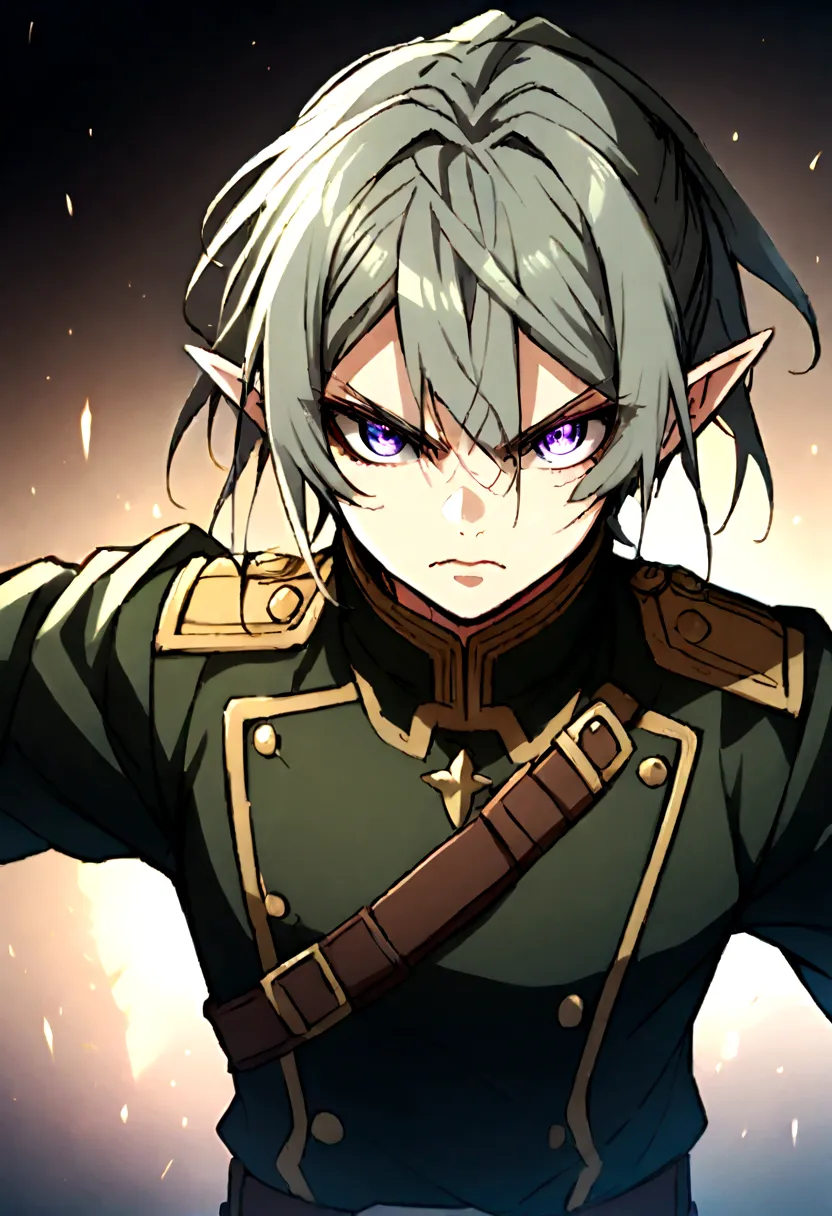 Male character, half-elf, strategist, military clothing, determined look