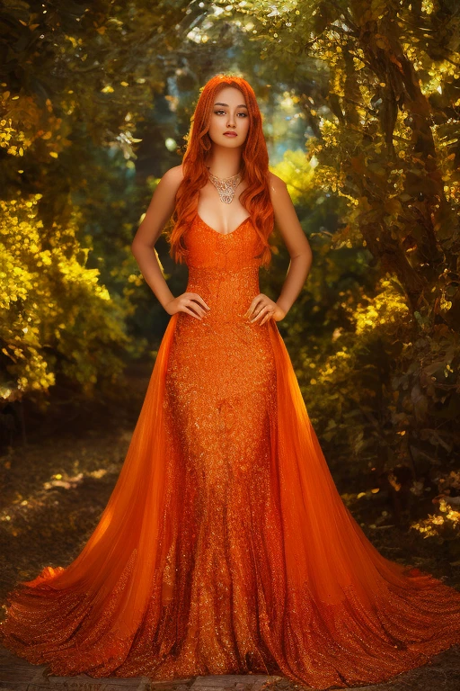 женщина в оранжевом платье стоит перед деревом, платье из огня, изумительная красота, оранжевые детали, струящееся платье, огненное платье, распущенные оранжевые волосы, носить платье из бисера, Оранжевые тона, изумительная красота, оранжевая кожа. сложный, длинные блестящие неземные волосы, яркий оранжевый, эфирный желто-оранжевый, красивое платье