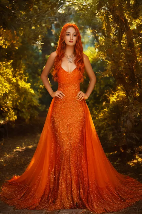 a woman in an orange dress standing in front of a tree, dress made of fire, Amazing beauty, Orange details, flowy dress, fire dr...