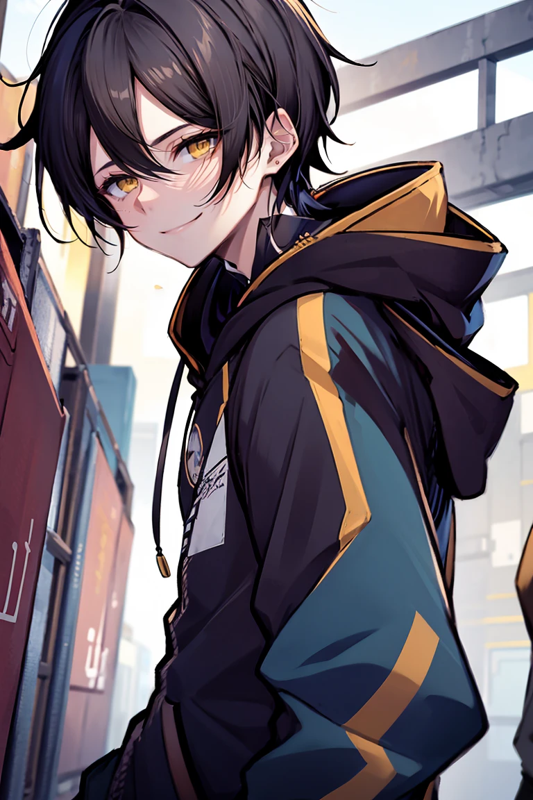 hui xiyi, rekkyou sensen, rekkyo sensen, black hair, yellow eyes, boy, male, hoodies, (blue hoodies:1.25)