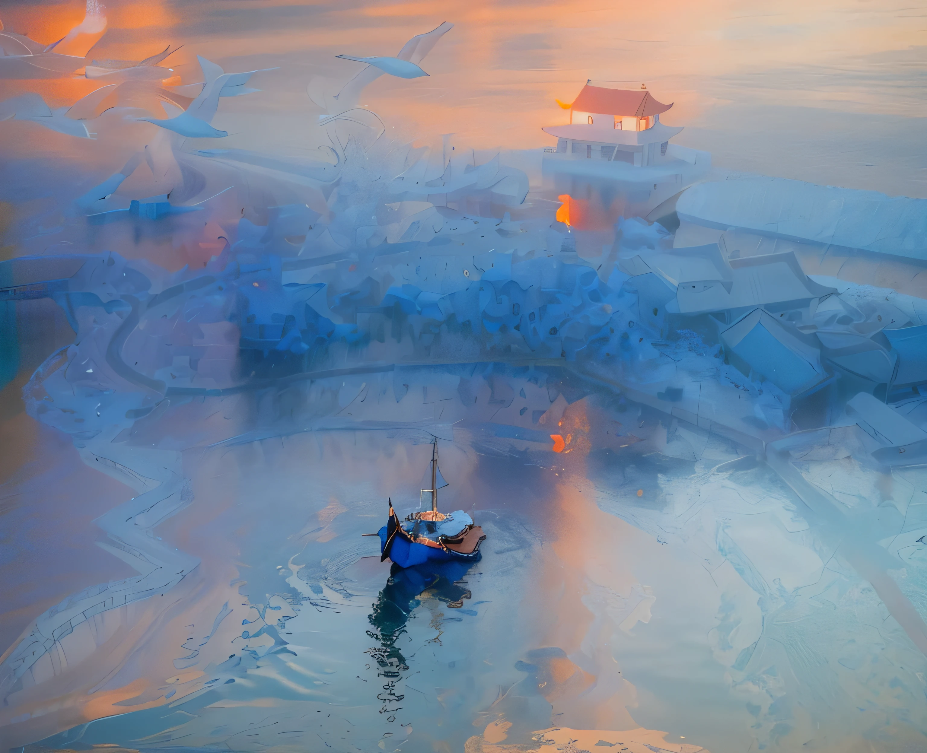 Long exposure photography，Award-winning photography，Practical，In waters with boats，Sunset, ，stunning lighting, Abstract， Claude Monet，Abstract，photography，high quality，blue，orange，Sunset，Beautiful scenery，photo，photoPractical
