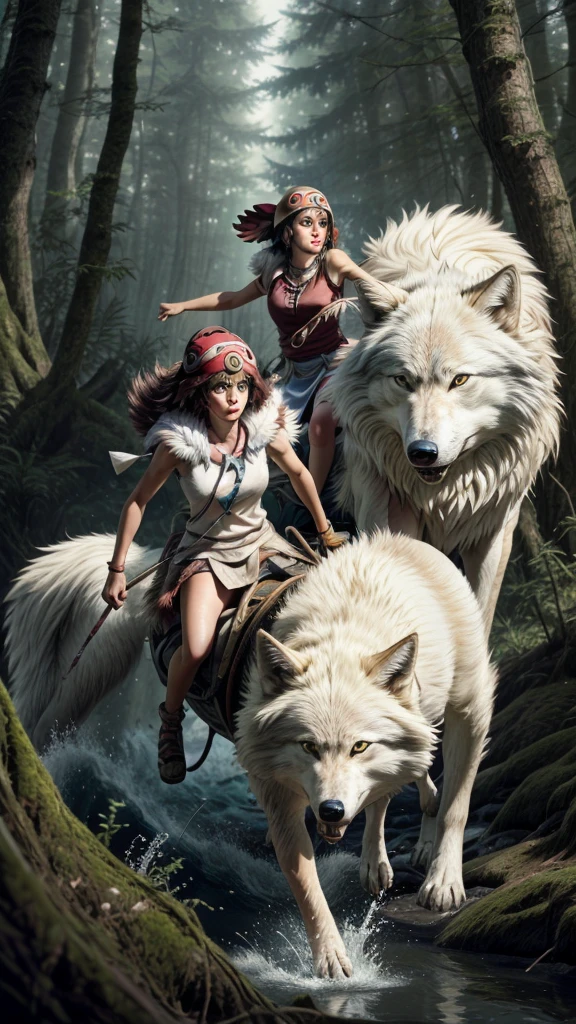 official art, unity 8k wallpaper, Super detailed, beautiful, beautiful, masterpiece, highest quality, Painting of a woman riding a white wolf in the forest, studio ghibly style mononoke, riding a giant silver wolf, artwork in the style of Gweiz, princess mononoke inspired, Gweiz, Gweiz on artstation pixiv, Gweiz on pixiv artstation, mononoke, furry fantasy art