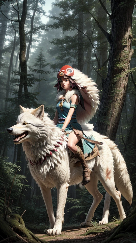 official art, unity 8k wallpaper, Super detailed, beautiful, beautiful, masterpiece, highest quality, Painting of a woman riding a white wolf in the forest, studio ghibly style mononoke, riding a giant silver wolf, artwork in the style of Gweiz, princess mononoke inspired, Gweiz, Gweiz on artstation pixiv, Gweiz on pixiv artstation, mononoke, furry fantasy art