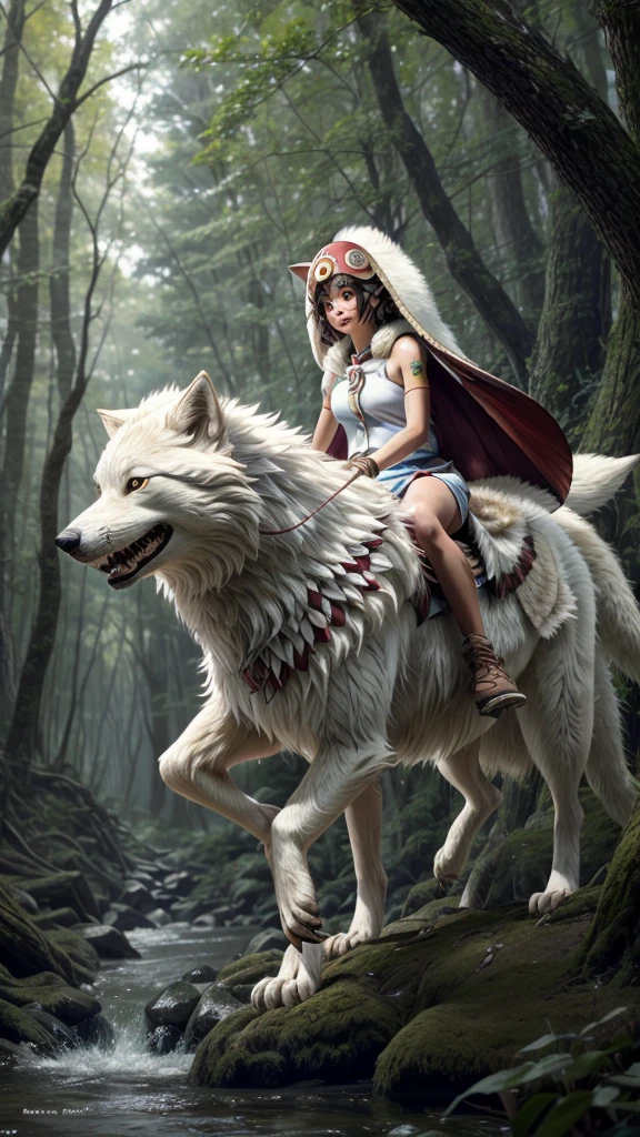 official art, unity 8k wallpaper, Super detailed, beautiful, beautiful, masterpiece, highest quality, Painting of a woman riding a white wolf in the forest, studio ghibly style mononoke, riding a giant silver wolf, artwork in the style of Gweiz, princess mononoke inspired, Gweiz, Gweiz on artstation pixiv, Gweiz on pixiv artstation, mononoke, furry fantasy art