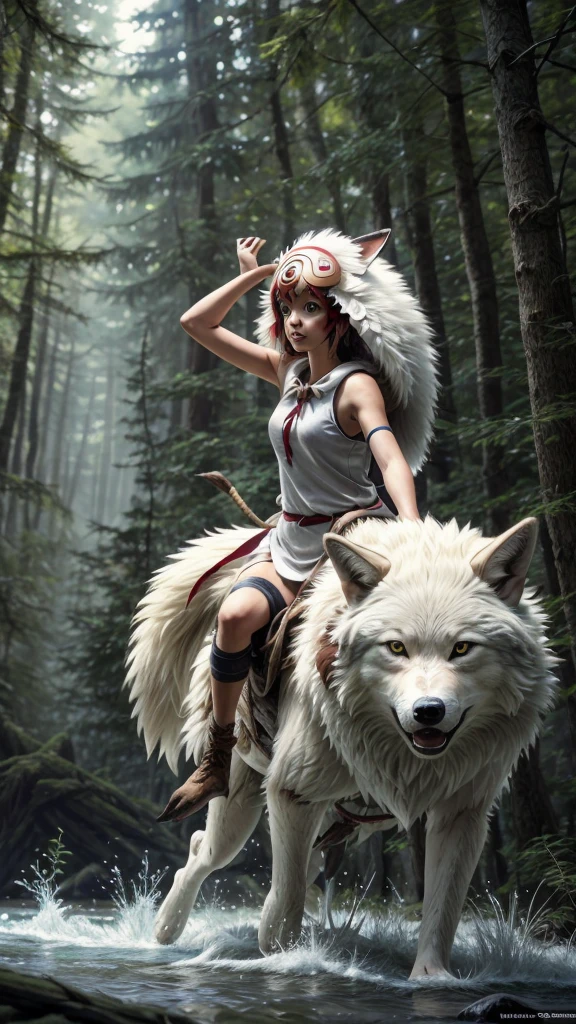 official art, unity 8k wallpaper, Super detailed, beautiful, beautiful, masterpiece, highest quality, Painting of a woman riding a white wolf in the forest, studio ghibly style mononoke, riding a giant silver wolf, artwork in the style of Gweiz, princess mononoke inspired, Gweiz, Gweiz on artstation pixiv, Gweiz on pixiv artstation, mononoke, furry fantasy art