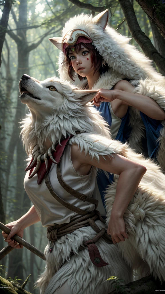 official art, unity 8k wallpaper, Super detailed, beautiful, beautiful, masterpiece, highest quality, Painting of a woman riding a white wolf in the forest, studio ghibly style mononoke, riding a giant silver wolf, artwork in the style of Gweiz, princess mononoke inspired, Gweiz, Gweiz on artstation pixiv, Gweiz on pixiv artstation, mononoke, furry fantasy art