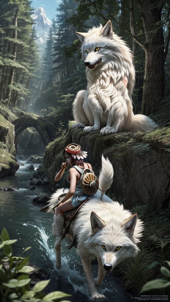 official art, unity 8k wallpaper, Super detailed, beautiful, beautiful, masterpiece, highest quality, Painting of a woman riding a white wolf in the forest, studio ghibly style mononoke, riding a giant silver wolf, artwork in the style of Gweiz, princess mononoke inspired, Gweiz, Gweiz on artstation pixiv, Gweiz on pixiv artstation, mononoke, furry fantasy art