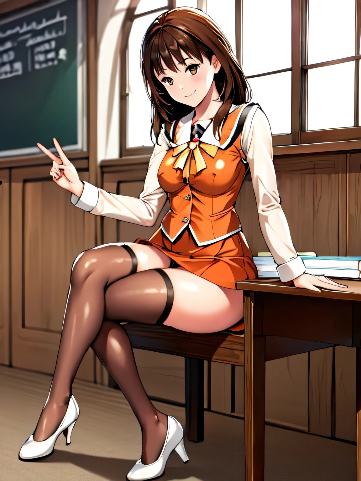masterpiece,Highest quality,High resolution,Super detailed,One girl,Long Hair,Twin tails,Side Lock,bangs,Shash,(Orange vest:1.1),Collared shirt,Long sleeve,赤いPencil Skirt,Pencil Skirt,High heels,White footwear,indoor,classroom,smile,(study:1.2),machine,Chair,Sitting with legs apart,With her legs spread, her panties are visible、Soaked costume、Detailed costume、peace sign