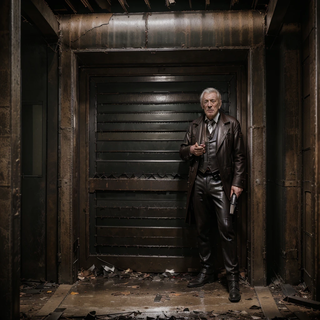 Professional photo,iean McKellen as donald sutherland,van hellsing ,a Priest dressed in a (((ragged ))black office suit ((reinforced with  leather scraps)),holding a post apocalypse gun, 4k,photo, photographic style, photographyfull body,4k,photo, photographic style, photography
, full body,4k,photo, photographic style, photography