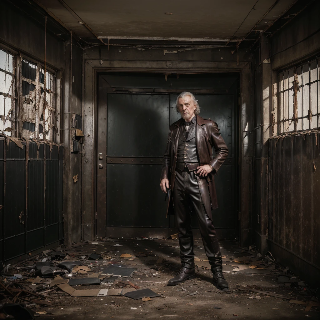 Professional photo,iean McKellen as donald sutherland,van hellsing ,a Priest dressed in a (((ragged ))black office suit ((reinforced with  leather scraps)),holding a post apocalypse gun, 4k,photo, photographic style, photographyfull body,4k,photo, photographic style, photography
, full body,4k,photo, photographic style, photography