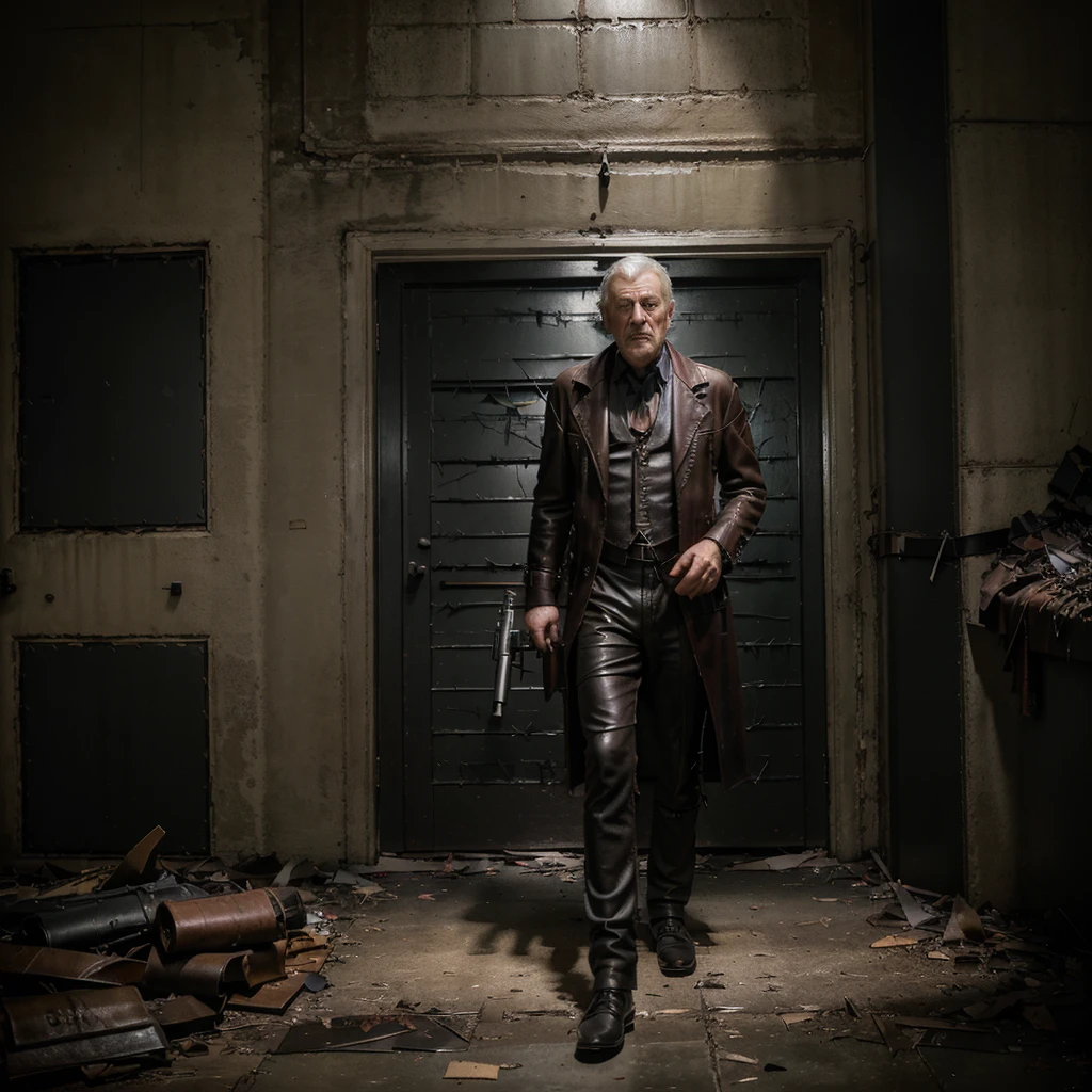 Professional photo,iean McKellen as donald sutherland,van hellsing ,a Priest dressed in a (((ragged ))black office suit ((reinforced with  leather scraps)),holding a post apocalypse gun, 4k,photo, photographic style, photographyfull body,4k,photo, photographic style, photography
, full body,4k,photo, photographic style, photography