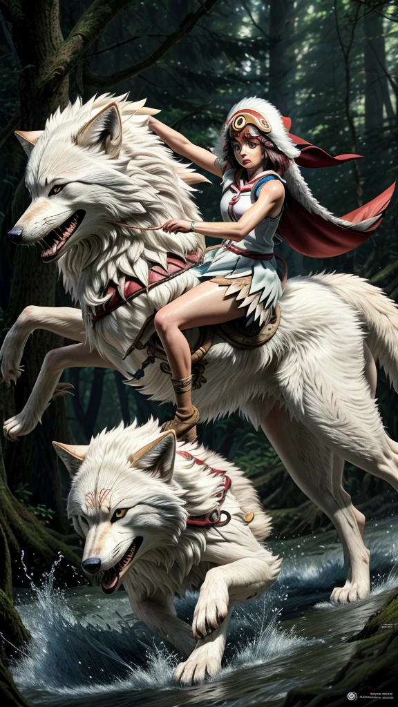 official art, unity 8k wallpaper, Super detailed, beautiful, beautiful, masterpiece, highest quality, Painting of a woman riding a white wolf in the forest, studio ghibly style mononoke, riding a giant silver wolf, artwork in the style of Gweiz, princess mononoke inspired, Gweiz, Gweiz on artstation pixiv, Gweiz on pixiv artstation, mononoke, furry fantasy art,dynamic,Precision,detailed