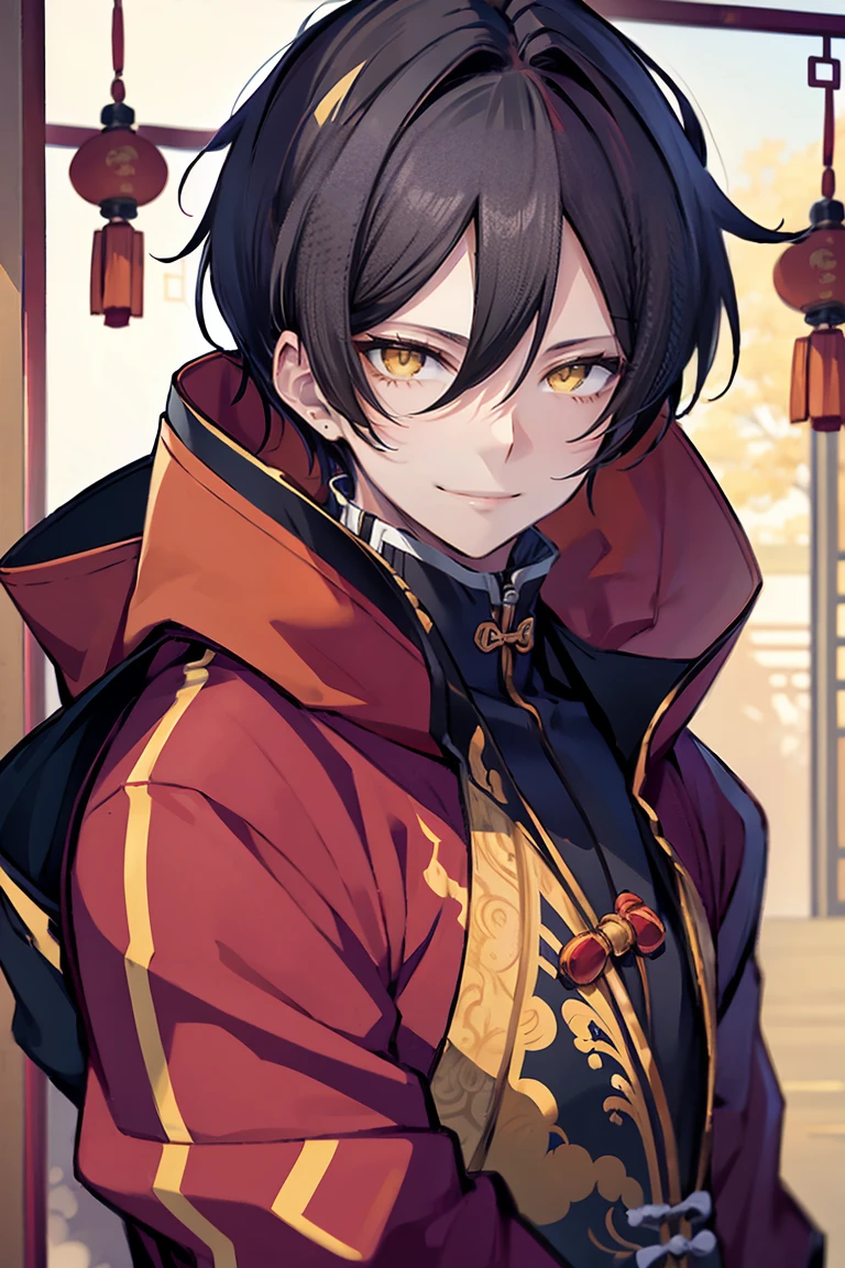 hui xiyi, rekkyou sensen, rekkyo sensen, black hair, yellow eyes, boy, male, hoodies, (chinese clothes:1.25)