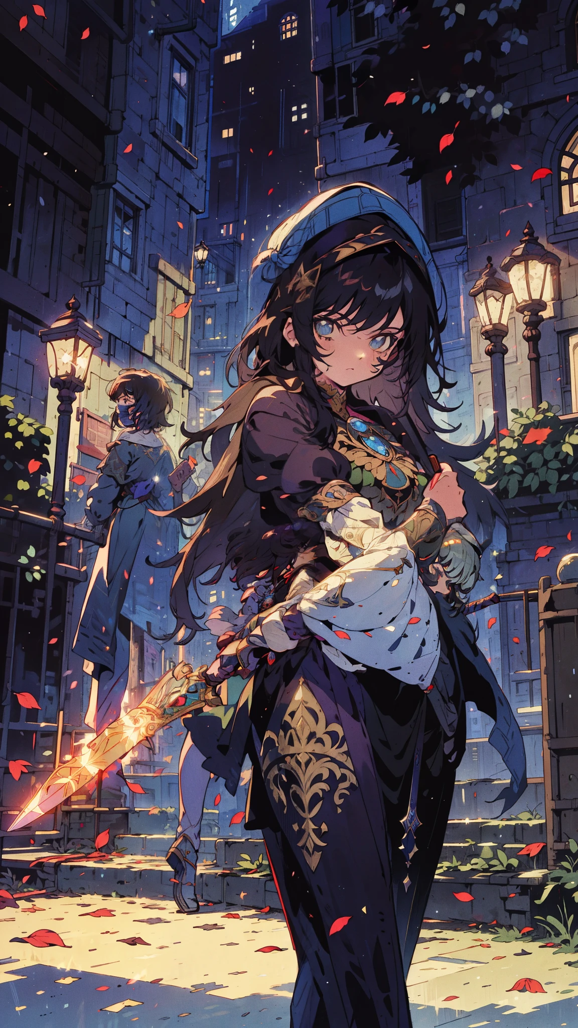 A solo teenager girl dressed in modern clothing, wielding a glowing dagger, posing, walking through a city street at night, with glittering fairy tale elements integrated into the scene. The street is lined with masked ball attendees and falling leaves. The style is Pre-Raphaelite art blended with urban fantasy. Dark, mystical, detailed
