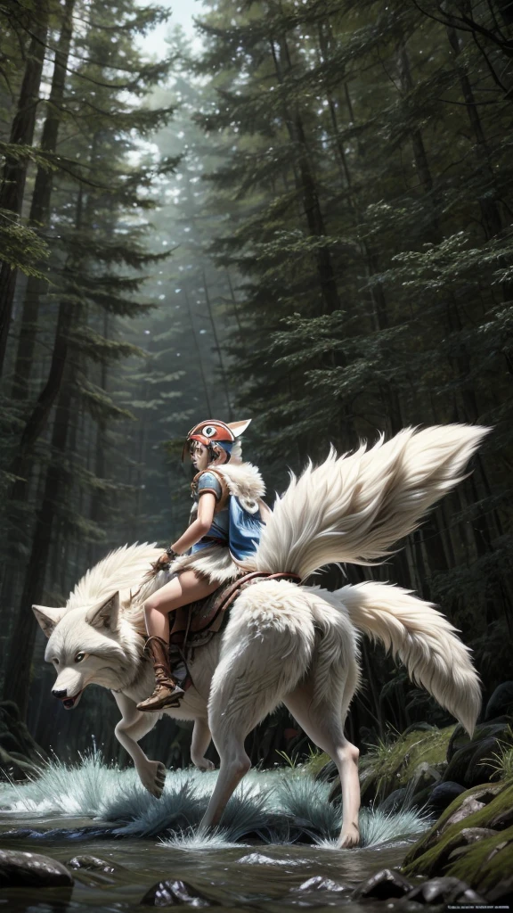 official art, unity 8k wallpaper, Super detailed, beautiful, beautiful, masterpiece, highest quality, Painting of a woman riding a white wolf in the forest, studio ghibly style mononoke, riding a giant silver wolf, artwork in the style of Gweiz, princess mononoke inspired, Gweiz, Gweiz on artstation pixiv, Gweiz on pixiv artstation, mononoke, furry fantasy art,dynamic,Precision,detailed,人のみが後ろ姿,犬は振り返っている