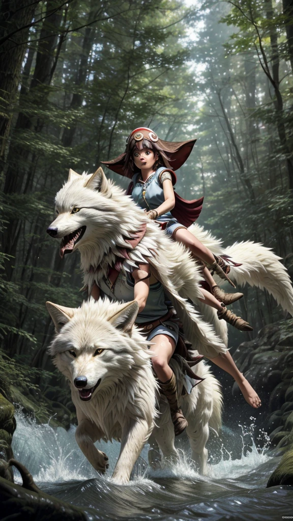 official art, unity 8k wallpaper, Super detailed, beautiful, beautiful, masterpiece, highest quality, Painting of a woman riding a white wolf in the forest, studio ghibly style mononoke, riding a giant silver wolf, artwork in the style of Gweiz, princess mononoke inspired, Gweiz, Gweiz on artstation pixiv, Gweiz on pixiv artstation, mononoke, furry fantasy art,dynamic,Precision,detailed,人のみが後ろ姿,犬は振り返っている