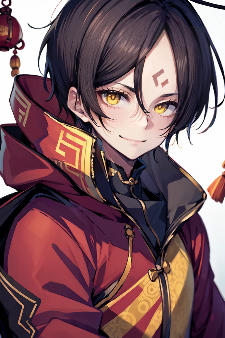 hui xiyi, rekkyou sensen, rekkyo sensen, black hair, yellow eyes, boy, male, hoodies, (chinese clothes:1.25), short eyebrow, forehead