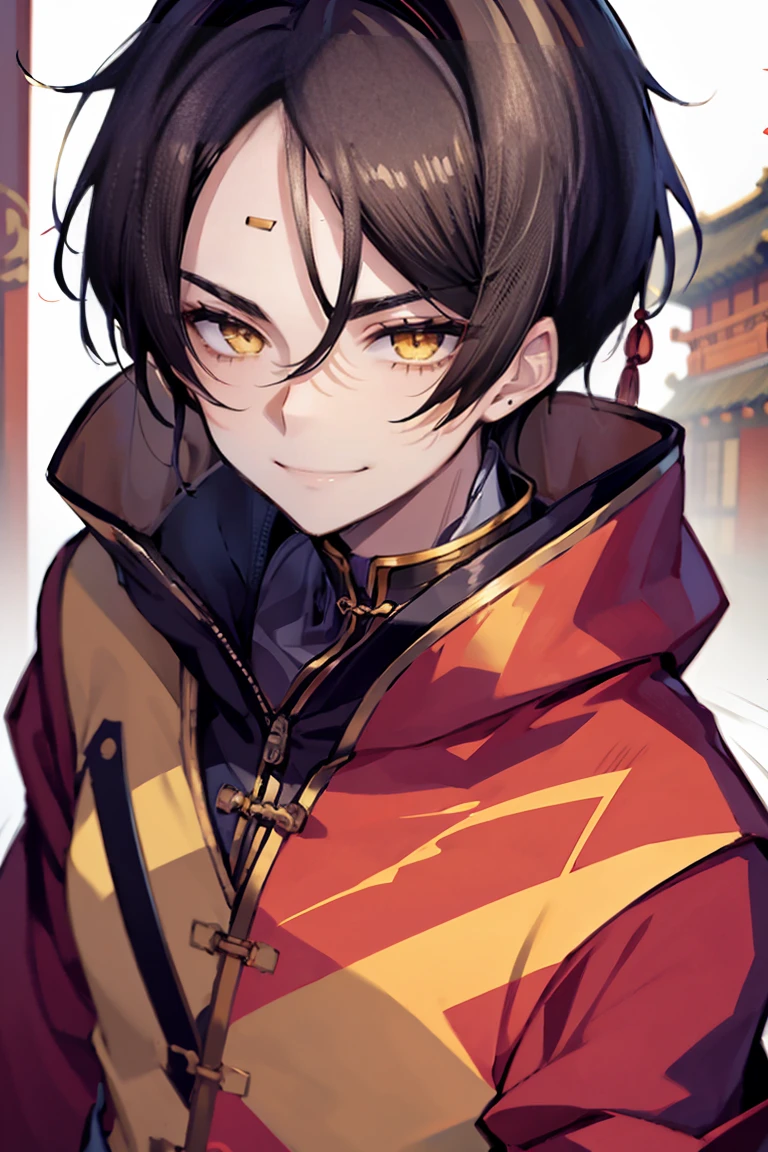 hui xiyi, rekkyou sensen, rekkyo sensen, black hair, yellow eyes, boy, male, hoodies, (chinese clothes:1.25), (short eyebrow:1.1), forehead