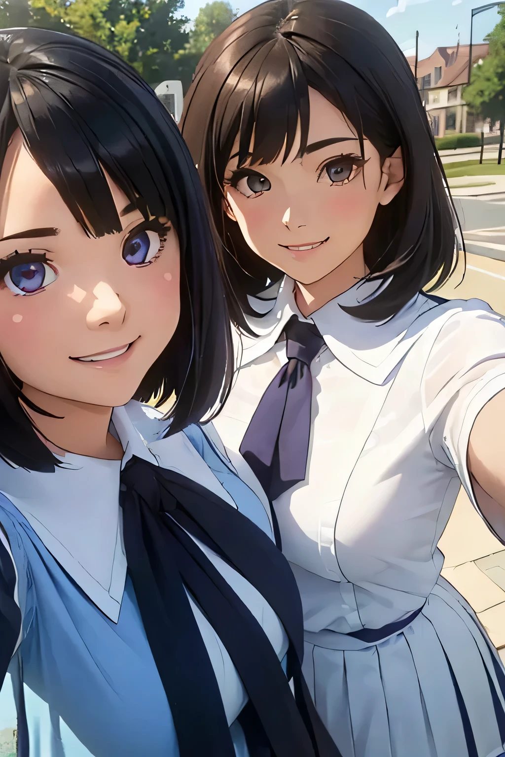 Highest quality、High resolution、Detailed Background、(Beautiful face in every detail:1.4)、Anatomically correct、Hide your fingers、(Detailed facial expressions)、(Detailed eyes:1.2)、Teenage beauty、(Highly detailed face:1.4)、(Huge breasts:1.2)、Bobcut、well-groomed eyebrows、Perfect body line、Accentuate your breasts、A big smile、JK Uniform、very beautiful、Outdoor Spots、(Two beautiful girls smiling and taking a selfie:1.5)