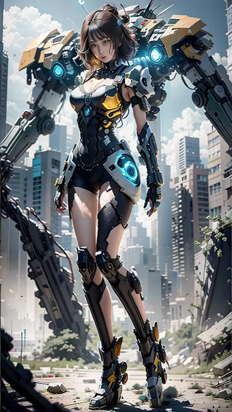 ((best quality)), ((masterpiece)), (highly detailed:1.3), 3d,shitu-mecha, beautiful cyberpunk women with her mecha in the ruins ...