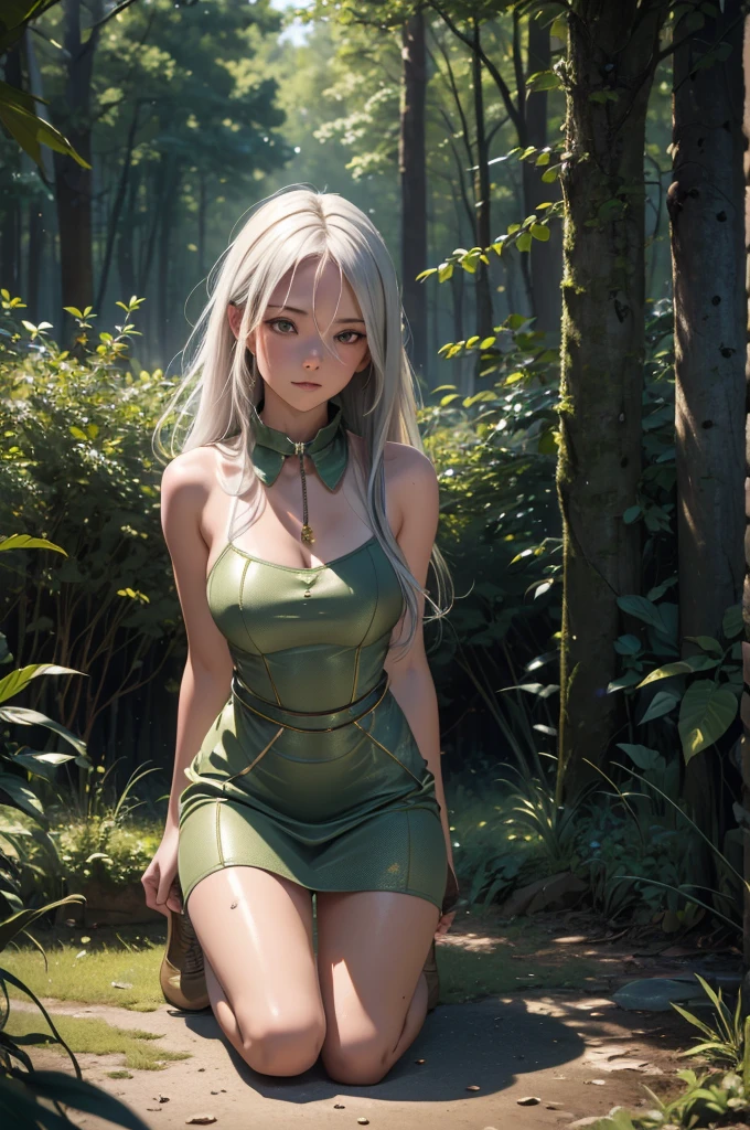 8K, Best Quality, Masterpiece, Ultra High Resolution, (Realism: 1.4), (Realistic Skin Texture: 1.3), 1 beautiful girl, Long platinum hair, Background forest park, leashed collar, stockings, tanlines, tan, summer dress, kneeling, peeing, urinating, pissing