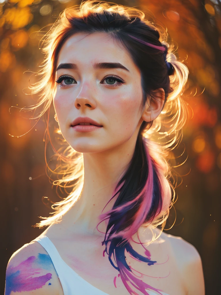 (8k, best quality, masterpiece:1.2),(best quality:1.0), (ultra highres:1.0), watercolor, a beautiful woman, shoulder, hair ribbons, by agnes cecile, half body portrait, extremely luminous bright design, pastel colors, (ink:1.3), autumn lights,