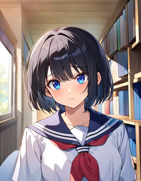 one girl, black hair, short hair, blue eyes, high school student, naive, boyish, sailor uniform, neckerchief