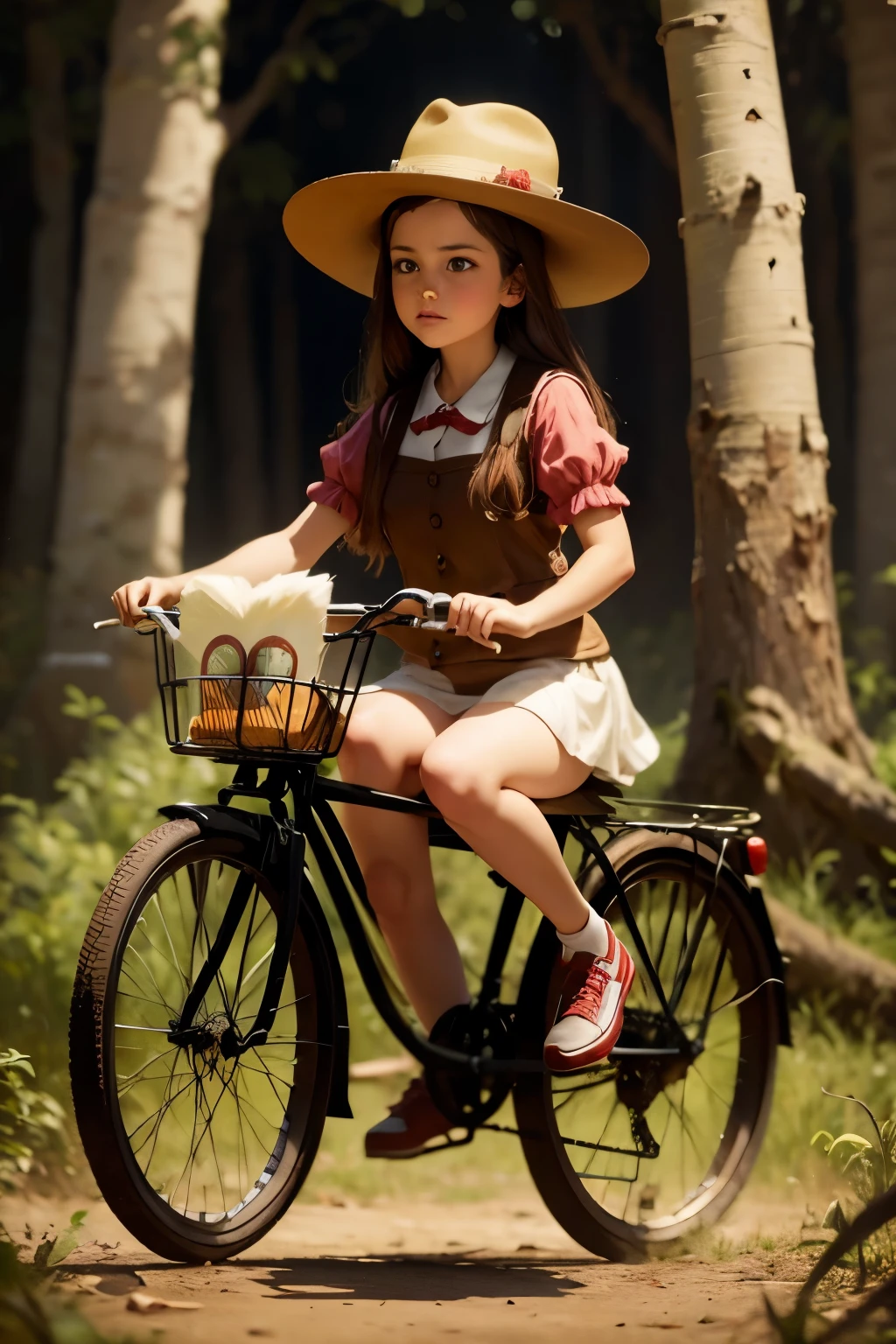 Neo Surrealism,  magical realism bizarre art, pop surrealism, whimsical art. Generate an illustration of a painting of a girl with hat riding an old fashioned bicycle on the magic forest