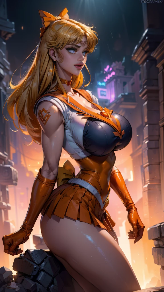 (La mejor calidad,A high resolution,Ultra - detallado,actual),Selena Gomez, (masterpiece, best quality;1.3), very detailed CG, very detailed, 1 girl, alone,  laugh,  looking at viewer, stylish angle, blonde long hair,blue eyes, huge boobs
sv1, Sailor Sensi Uniform, Orange skirt, elbow bag, tiara, Orange Sailor Color, red bow, Orange Choker, white gloves, bijouterie, from above,,(Fondo de ruinas de mazmorra en ruinas cyberpunk :1.4 )
I have a lot of heart, face focus,venus,hurricane,abstract background, galaxy background,(Sailor Venus:1.4), (Sailor Venus V2.1), ,(Fondo de ruinas de mazmorra en ruinas piedras grandes cyberpunk :1.4 ),(perfect anatomy :1.4), (cinematic lighting :1.4),( dynamic cowboy pose), (fondo lluvia cayendo nublado tenebroso :1.4), (Selena Gomez :1.4), (Selena Gomez V2.1),( dedos detailed :1.4) 