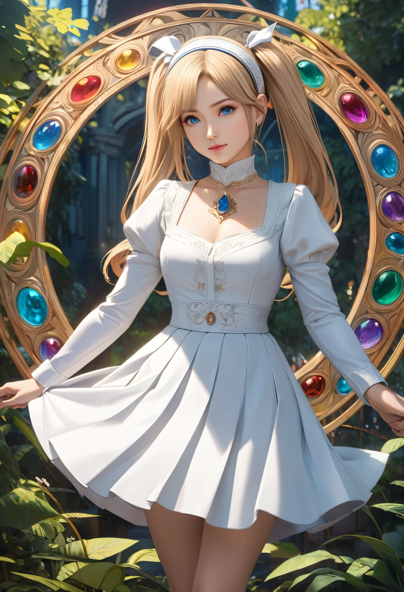 8K resolution, masterpiece, Highest quality, Award-winning works, unrealistic, sole sexly lady, doaxvv_marie rose, healthy shaped body, 25 years old, blonde long hair, twin pony tails, Break, Big Blue Eyes, Standard nose, Eyeliner, pink lips,  hair band, big firm bouncing bust, sexly , A pure white school dress with a complex structure, royal coat of arms, elegant, Very detailed, Digital Painting, artステーション, コンセプトart, Smooth, Sharp focus, shape, artジャム、Greg Rutkowski、Alphonse Mucha、William Adolphe Bouguereau、art：Stephanie Law , Royal Jewel, nature, Full Shot, Symmetric, Greg Rutkowski, Charlie Bowwater, beep, Unreal 5, Surreal, Dynamic Lighting, ファンタジーart, Complex colors, Colorful magic circle, flash, dynamic sexly poses