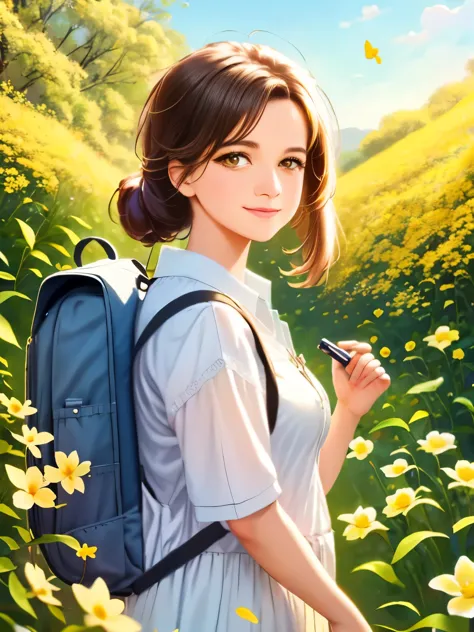 Tip: A very charming  with a backpack and her cute puppy enjoying a lovely spring outing surrounded by beautiful yellow flowers ...