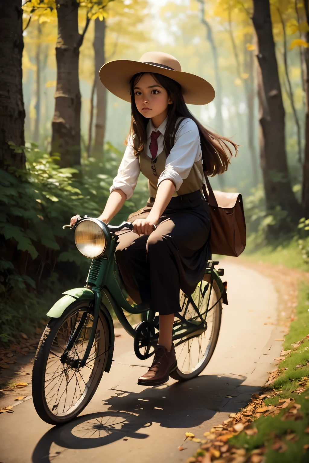 Neo Surrealism,  magical realism bizarre art, pop surrealism, whimsical art. Generate an illustration of a painting of a girl with hat riding an old fashioned bicycle on the magic forest