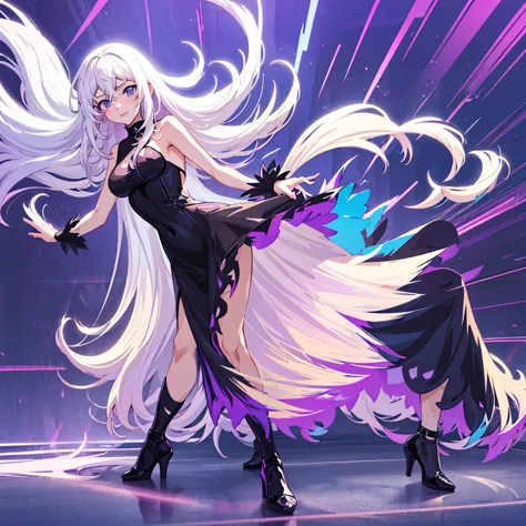 Anime beautiful woman with long slightly wavy white hair bright blue eyes wearing a sexy black dress with black heels dancing wi...