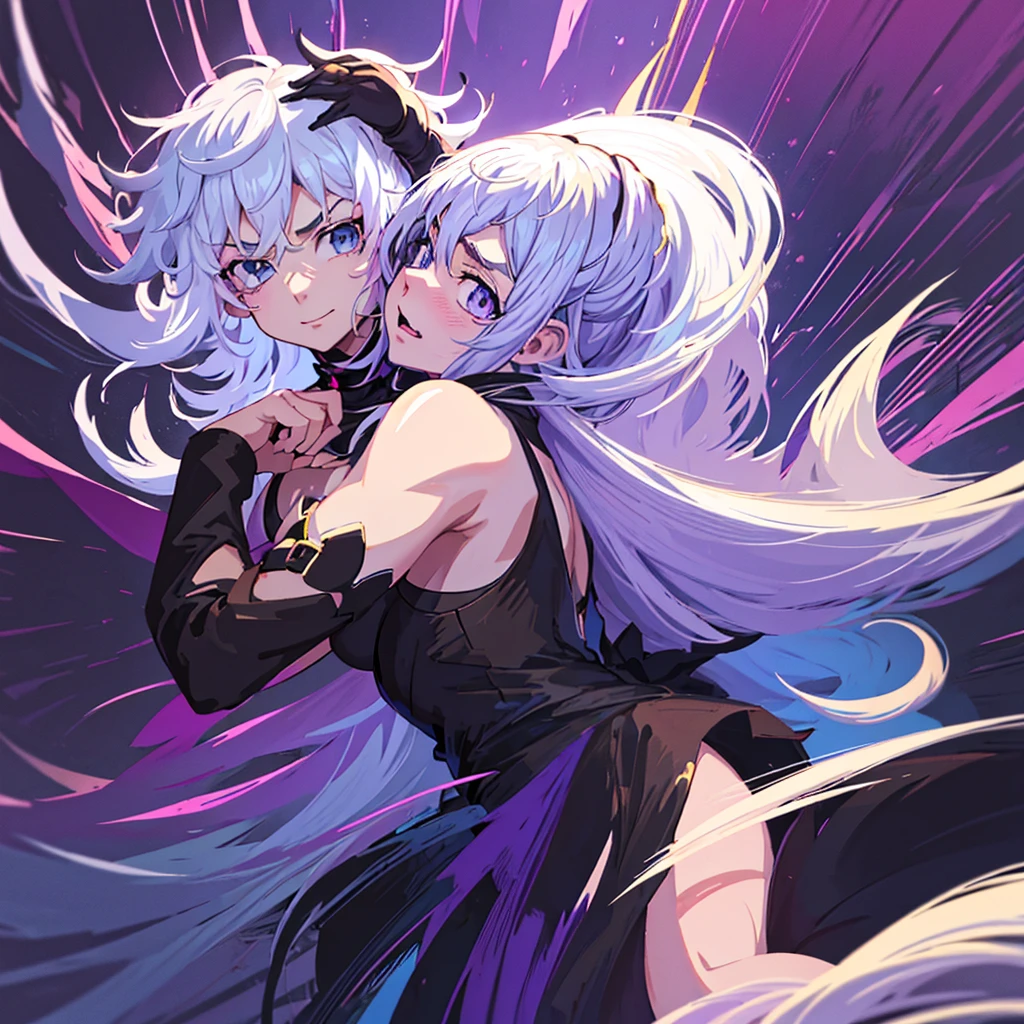 Anime beautiful woman with long slightly wavy white hair bright blue eyes wearing a sexy black dress with black heels dancing with a beautiful woman with long dark purple hair with bright purple eyes wearing a sexy black dress and black heels dancing in a nightclub