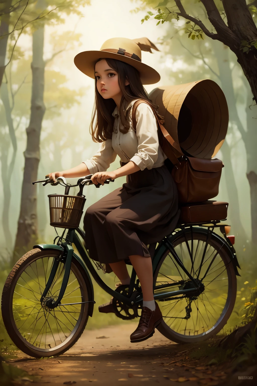 Neo Surrealismo,  realismo mágico arte bizarra, surrealismo pop, Arte caprichosa. Gere uma ilustração de uma pintura de uma garota com chapéu andando de bicicleta à moda antiga na floresta mágica