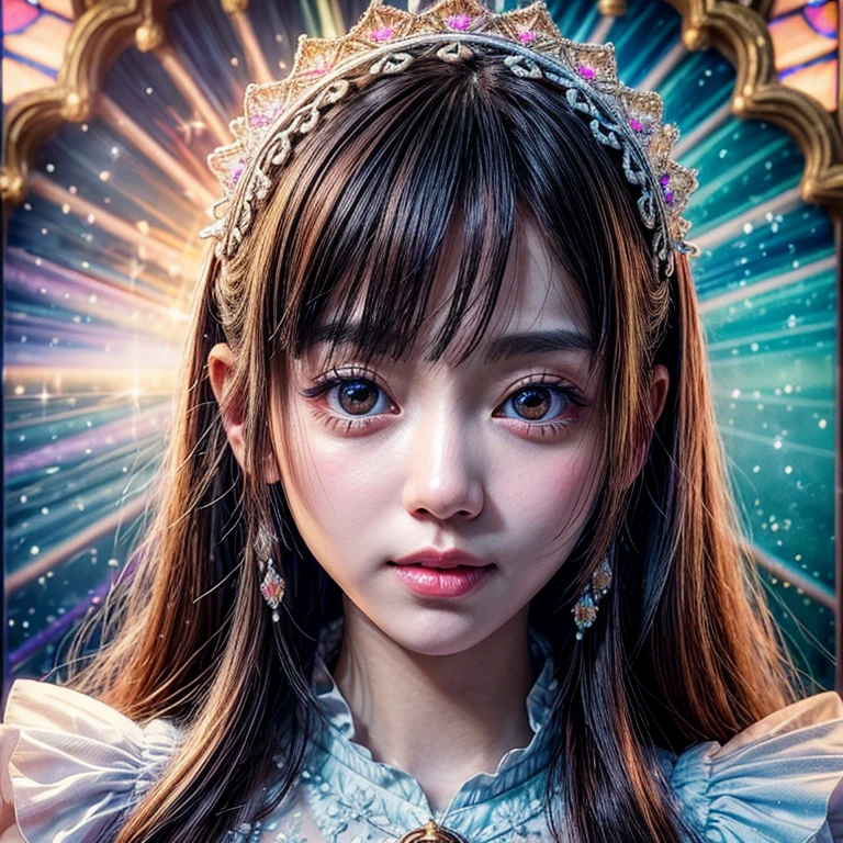 SFW, concept art, ExtremelyDetailed Tiny junior idol, Delicate lace knitted white clothes, (nipple:-0.9), face closeup, ((Dazzling stained glass Background)), (((Renbutsu Misako), colorful Light shines through stunning elaborate stained glass:1.2, RainbowColored Photon Particles, lens flare, light Particle)), (Acutance:0.8). (masterpiece:1.2),(ultra-detailed:1.37), (Photorealistic RAW photo-realistic:1.37), (Extremely detailed KAWAII face variations, innocent joyful expression variations), PUNIPUNI rosy cheeks, ElaboratePupils detailed eyes with (sparkling highlights:1.28), (Voluminous LongEyelashes, subtle blush on the face. Mystic sight, haze, Radiant PearlSkin with Transparency, Glowing DowneyHair, CaptivatingGaze, ((Dynamic-angle, physically-based rendering)) . (((not Detailed fingers:-0.9))) .