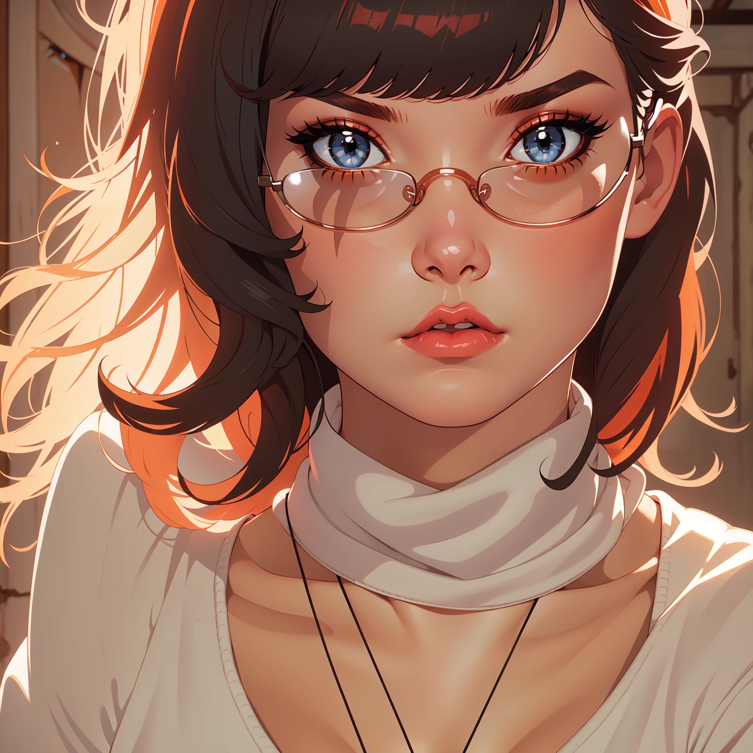 HD, 8k quality, masterpiece, Velma, dream girl huge , beautiful face, kissing lips, short bob hairstyle, long bangs, perfect makeup, realistic face, detailed eyes, diamond blue eyes, brunette hair, eyelashes, (scared:1.4), cameltoe, eyes at viewer, orange turtleneck knit sweater, clear lens glasses, orange school girl skirt, view from below, blush, (in abandoned house:1.4)