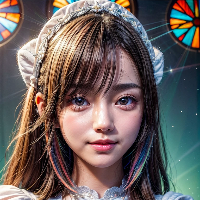 SFW, concept art, ExtremelyDetailed Tiny junior idol, Delicate lace knitted white clothes, (nipple:-0.9), face closeup, ((Dazzling stained glass Background)), (((Renbutsu Misako), colorful Light shines through stunning elaborate stained glass:1.2, RainbowColored Photon Particles, lens flare, light Particle)), (Acutance:0.8). (masterpiece:1.2),(ultra-detailed:1.37), (Photorealistic RAW photo-realistic:1.37), (Extremely detailed KAWAII face variations, innocent joyful expression variations), PUNIPUNI rosy cheeks, ElaboratePupils detailed eyes with (sparkling highlights:1.28), (Voluminous LongEyelashes, subtle blush on the face. Mystic sight, haze, Radiant PearlSkin with Transparency, Glowing DowneyHair, CaptivatingGaze, ((Dynamic-angle, physically-based rendering)) . (((not Detailed fingers:-0.9))) .